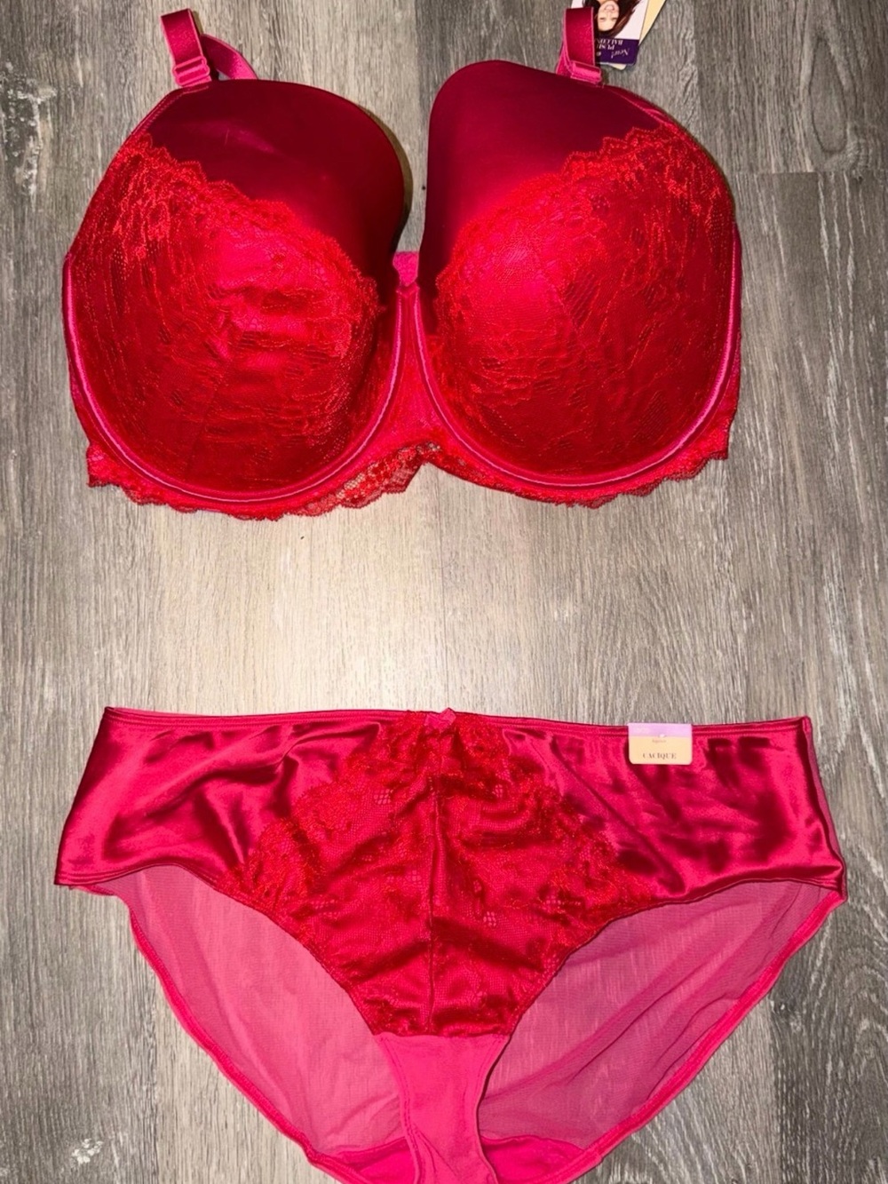 Cacique Hot Pink Lace & Satin Bra and Bikini Set